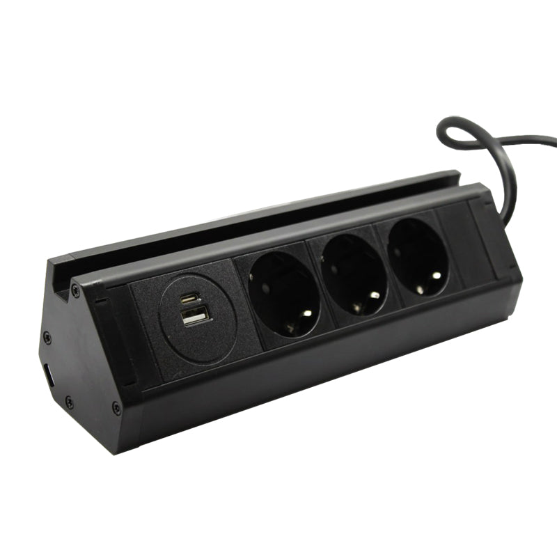 Меблева розетка кухонна горизонтальна з кабелем 3x16А USB A+C 3.4А чорний