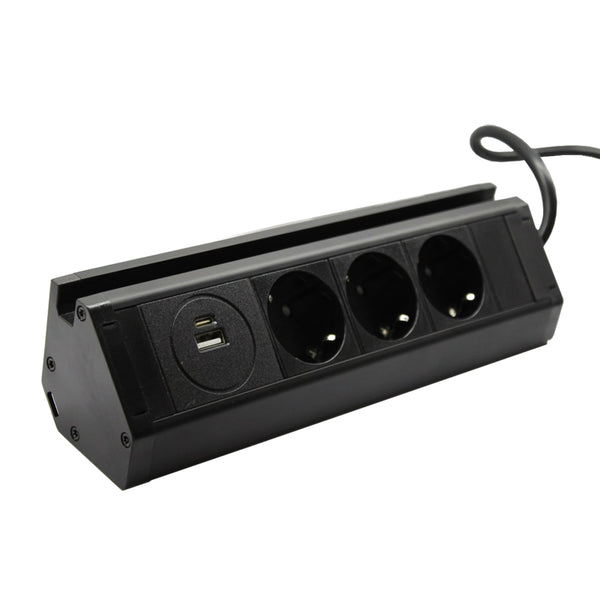 Меблева розетка кухонна горизонтальна з кабелем 3x16А USB A+C 3.4А чорний