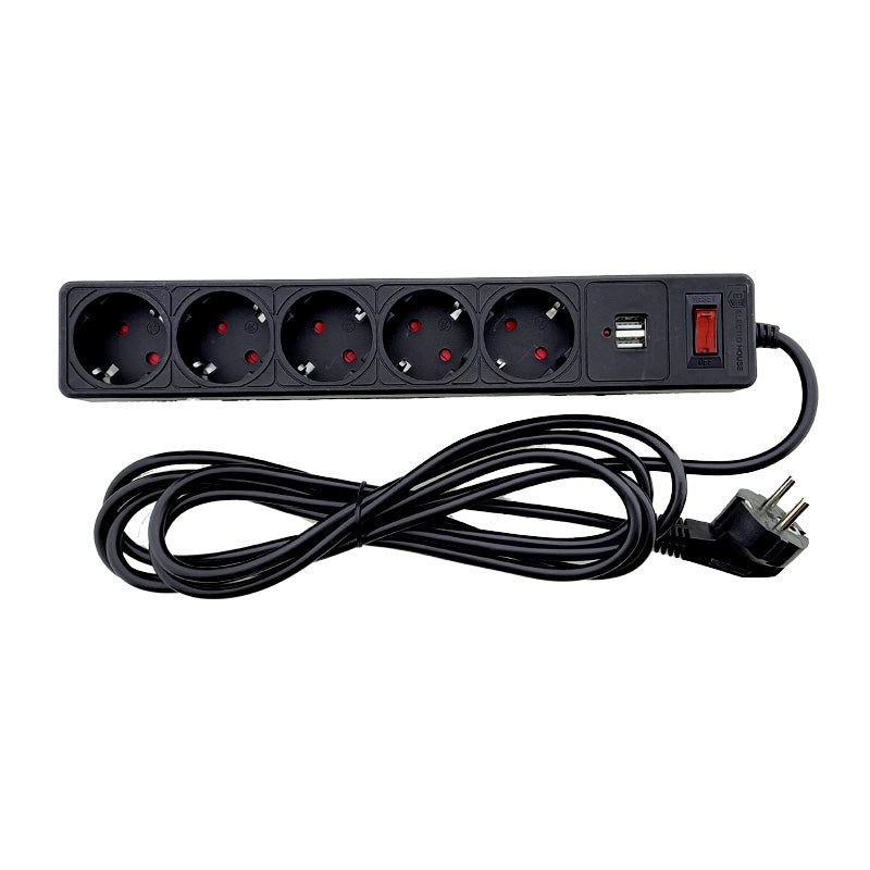 Мережевий фільтр із заземленням 5 гнізд + 2USB 3 м чорний захисні шторки