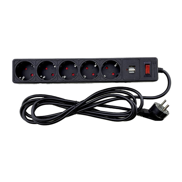 Мережевий фільтр із заземленням 5 гнізд + 2USB 3 м чорний захисні шторки