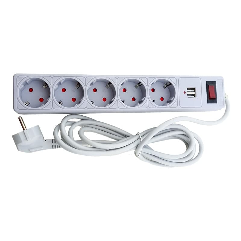 Мережевий фільтр із заземленням 5 гнізд + 2USB 3 м сірий захисні шторки