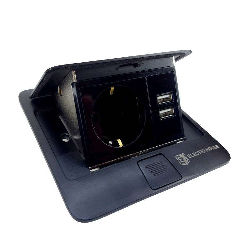 Розетка для підлоги з заземленням врізна 16А + 2USB 2.1А IP44  чорний