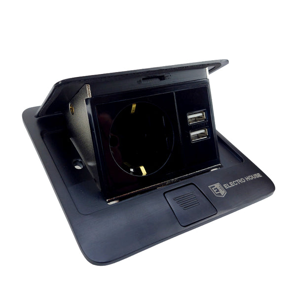 Розетка для підлоги з заземленням врізна 16А + 2USB 2.1А IP44  чорний